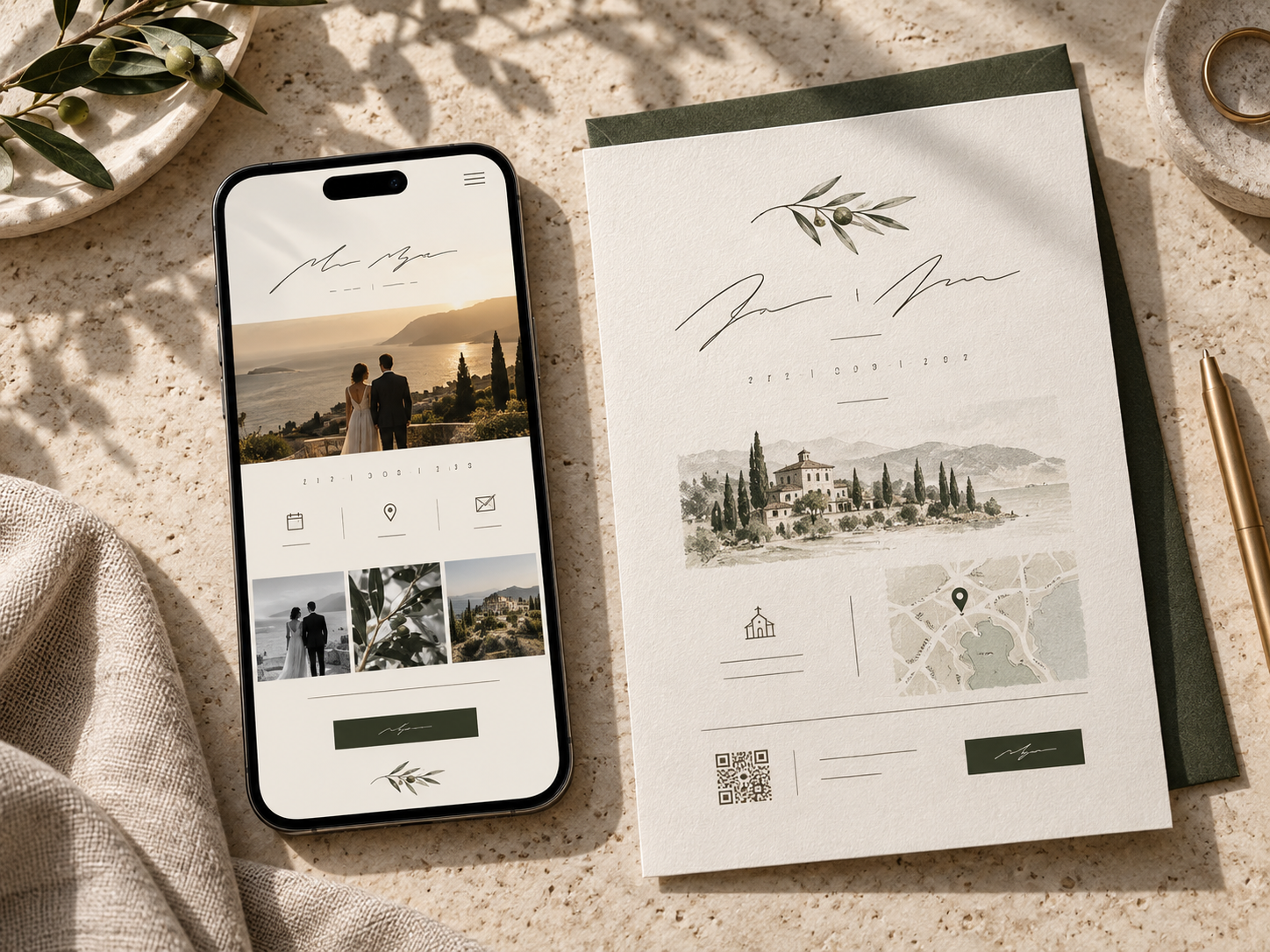 Invitación Essential de estilo mediterráneo presentada en celular y formato PDF
