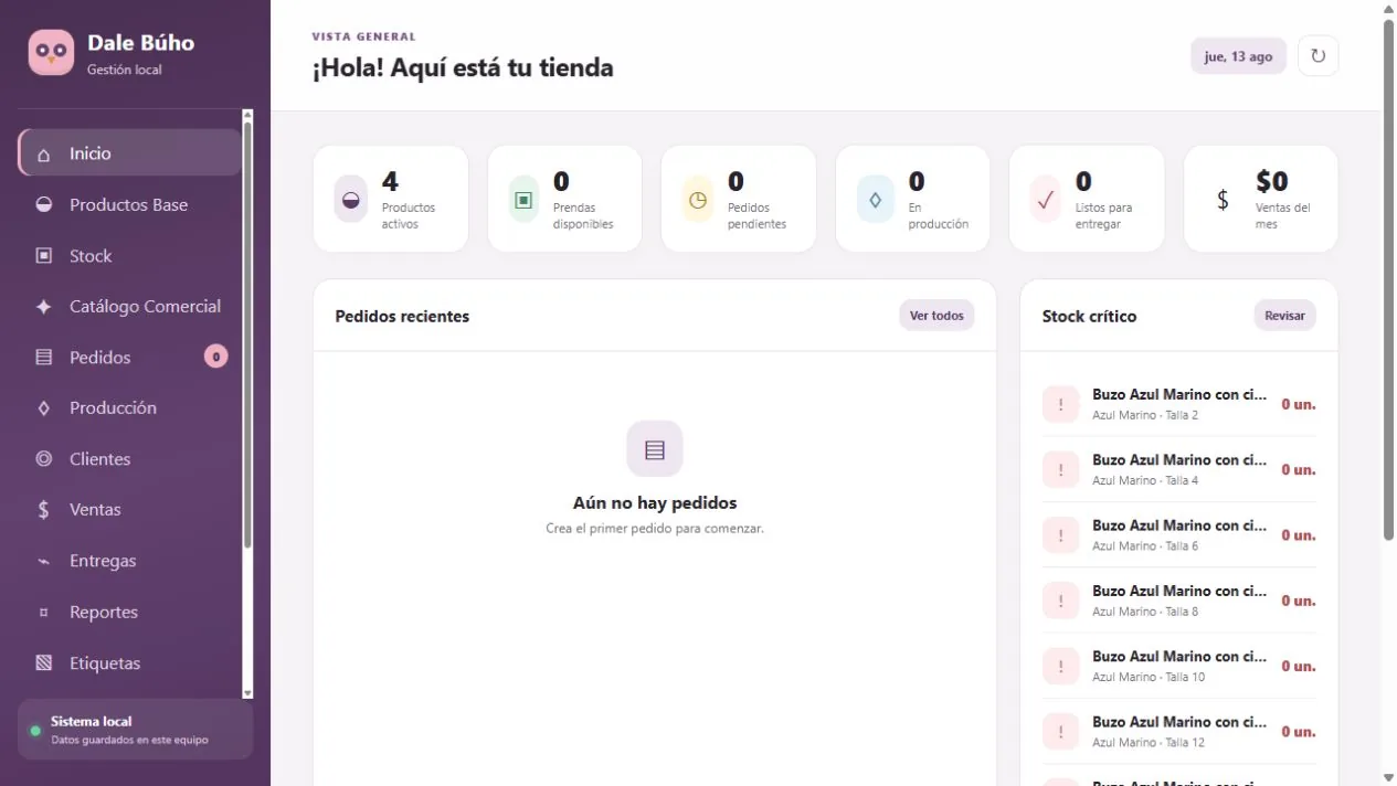 Main dashboard of the Stock Dale Búho management system