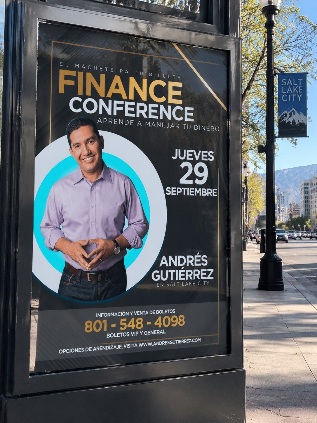 Poster for Andrés Gutiérrez's conference displayed in Salt Lake City
