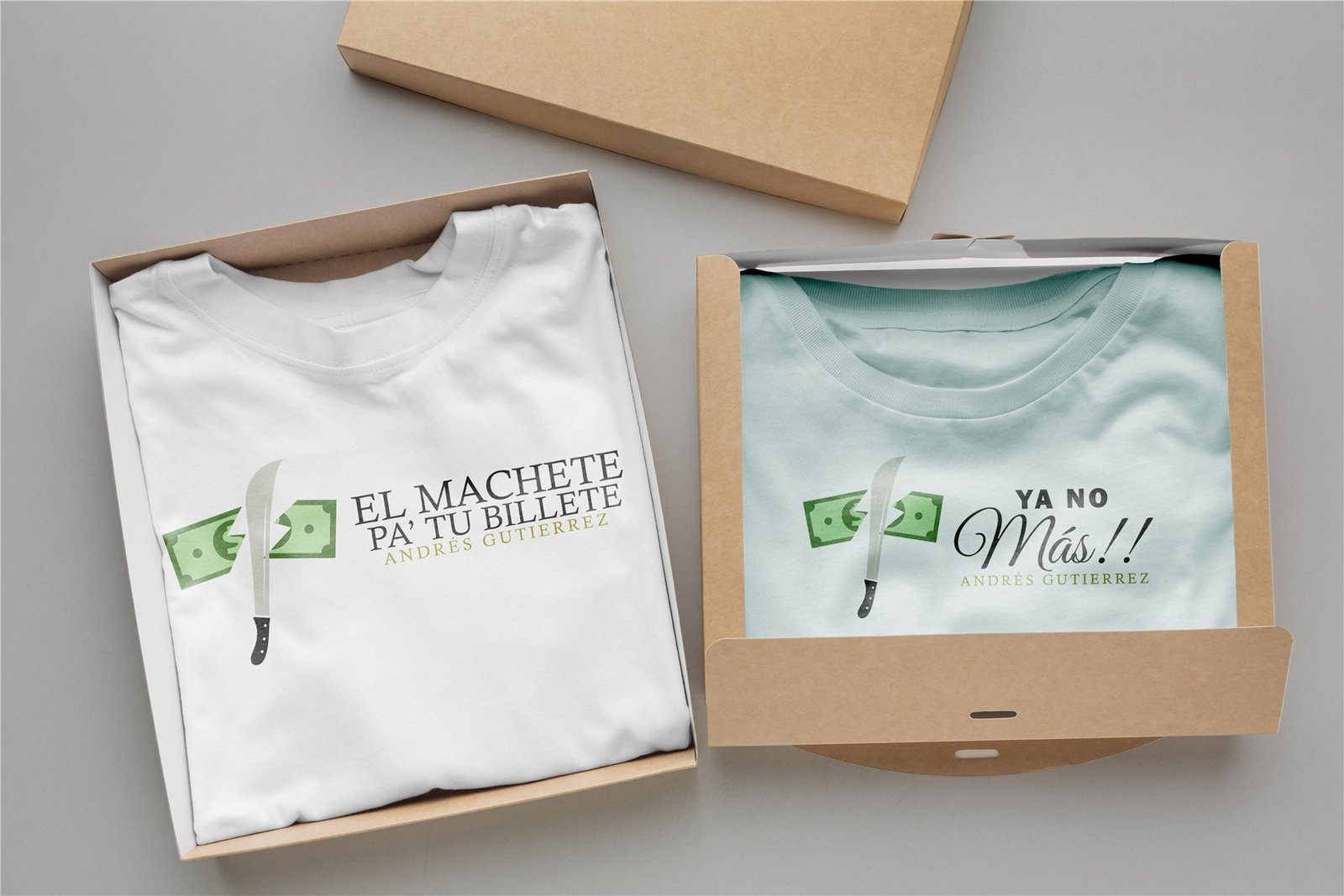 Diseños de camisetas con los mensajes El machete pa tu billete y Ya no más