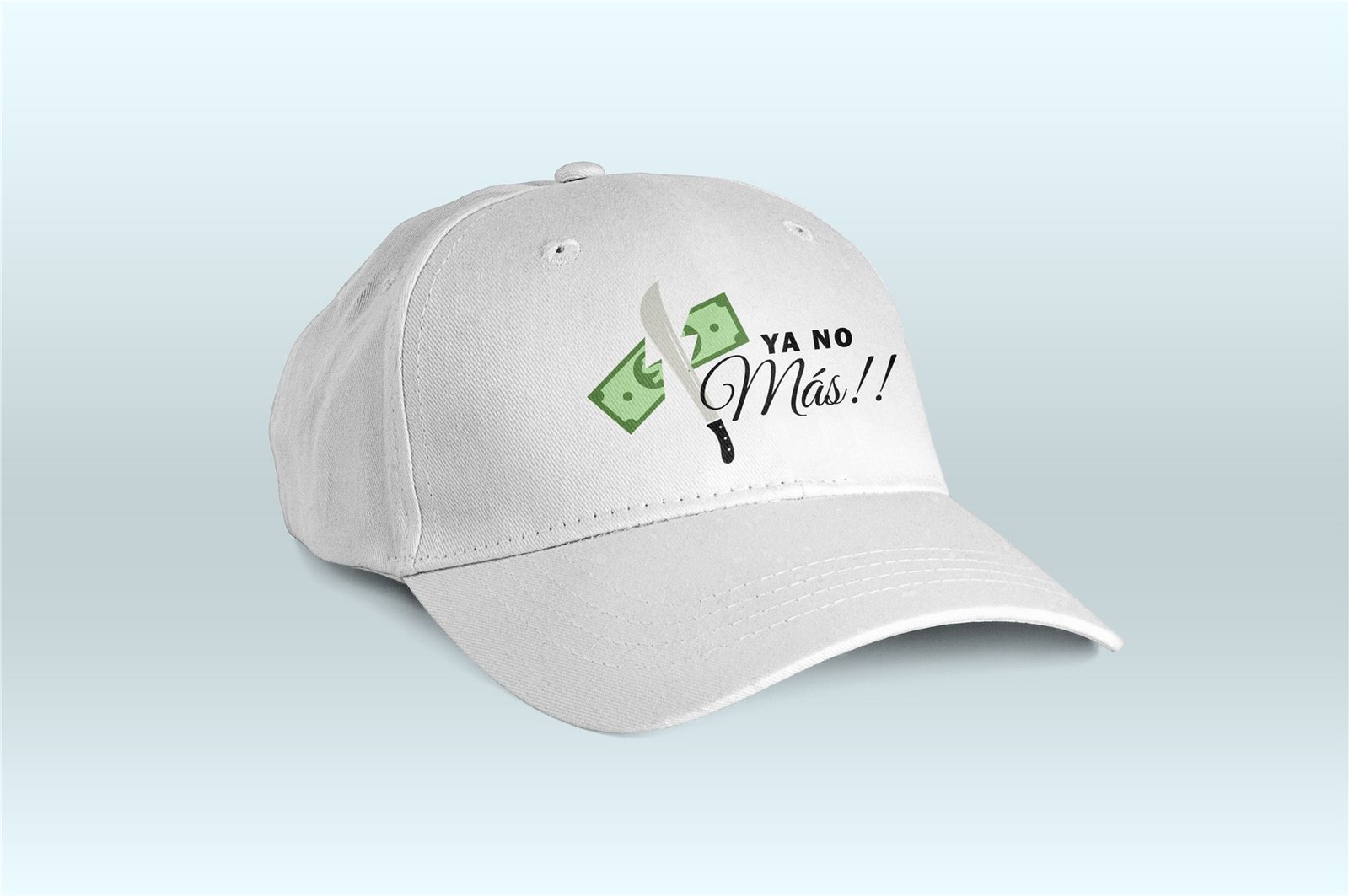 Gorra blanca con la aplicación gráfica Ya no más de Andrés Gutiérrez