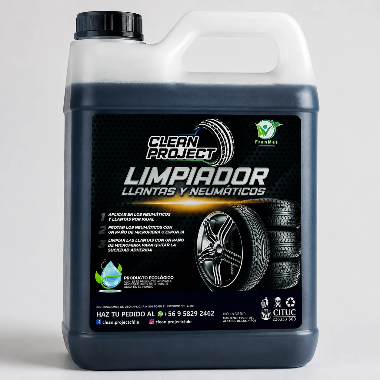 Clean Project label designed for FranMat and applied to a wheel and tire cleaner container