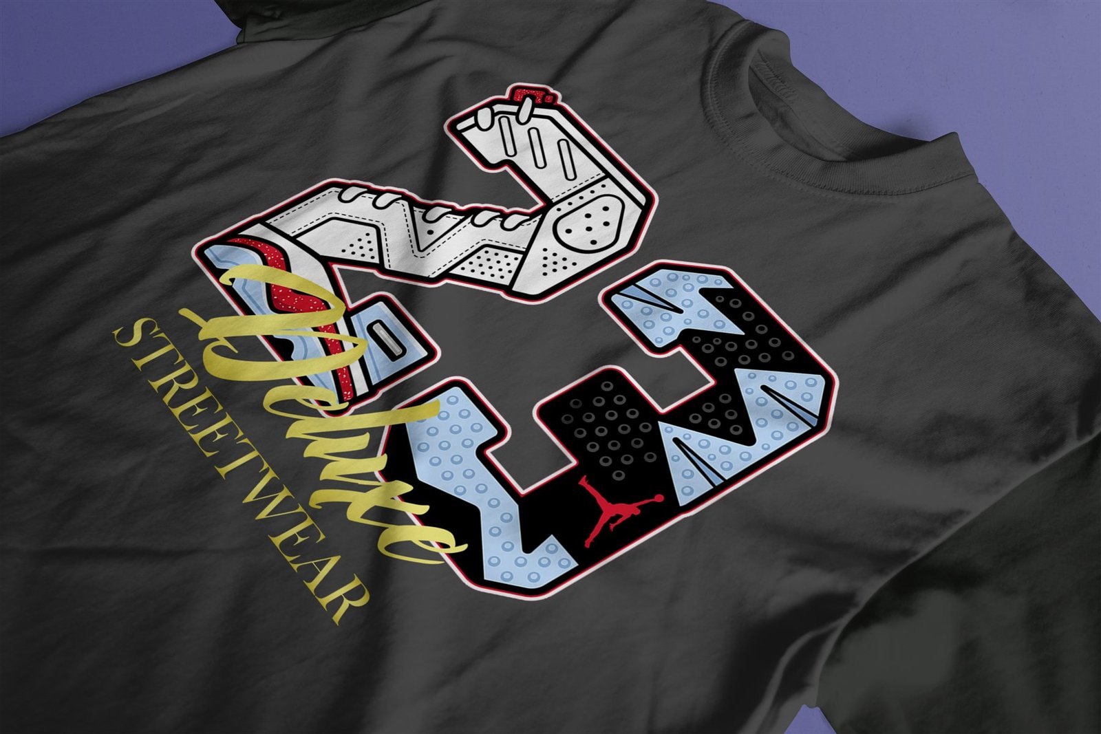 Diseño gráfico 23 aplicado sobre camiseta negra