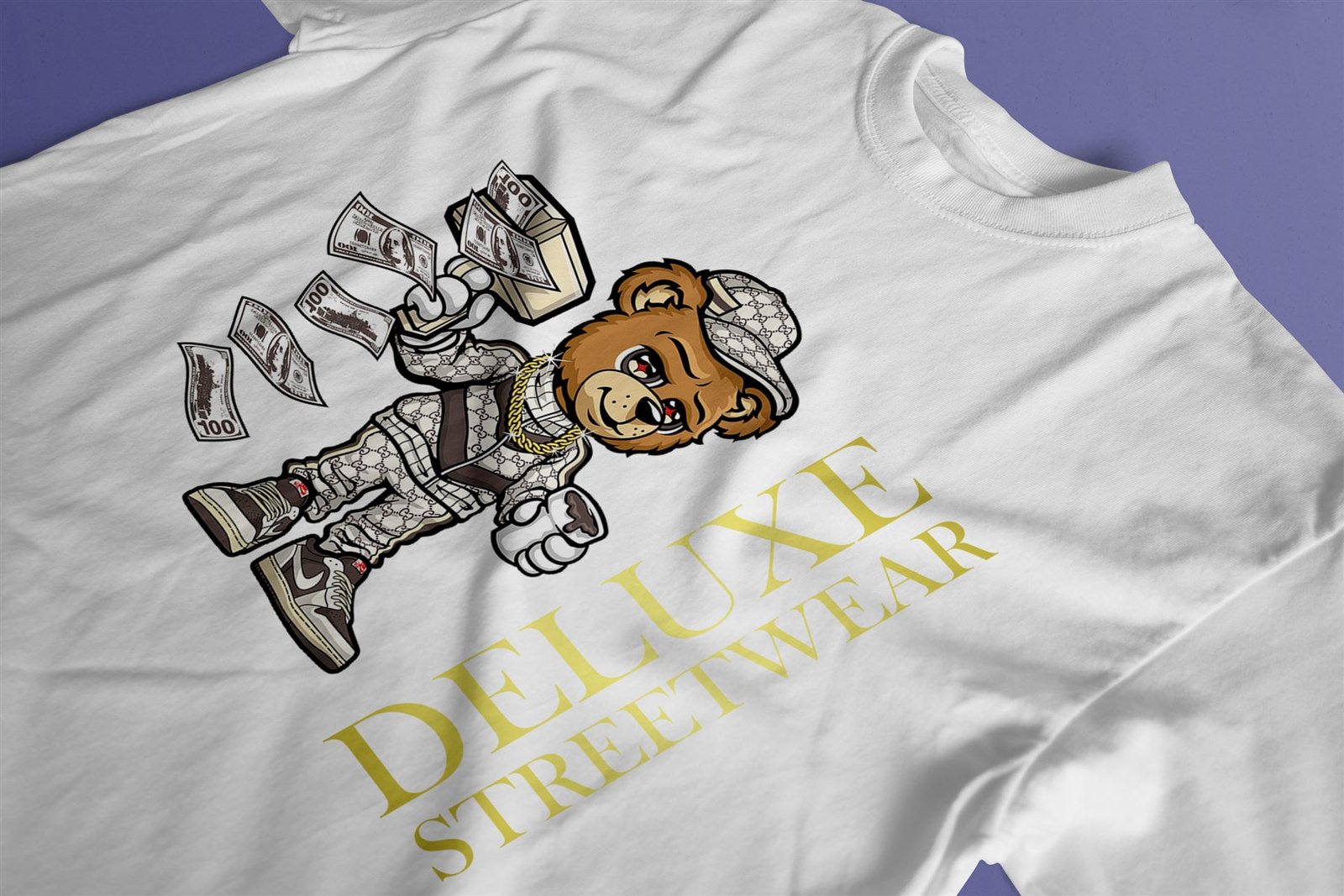 Ilustración urbana de oso aplicada sobre camiseta blanca
