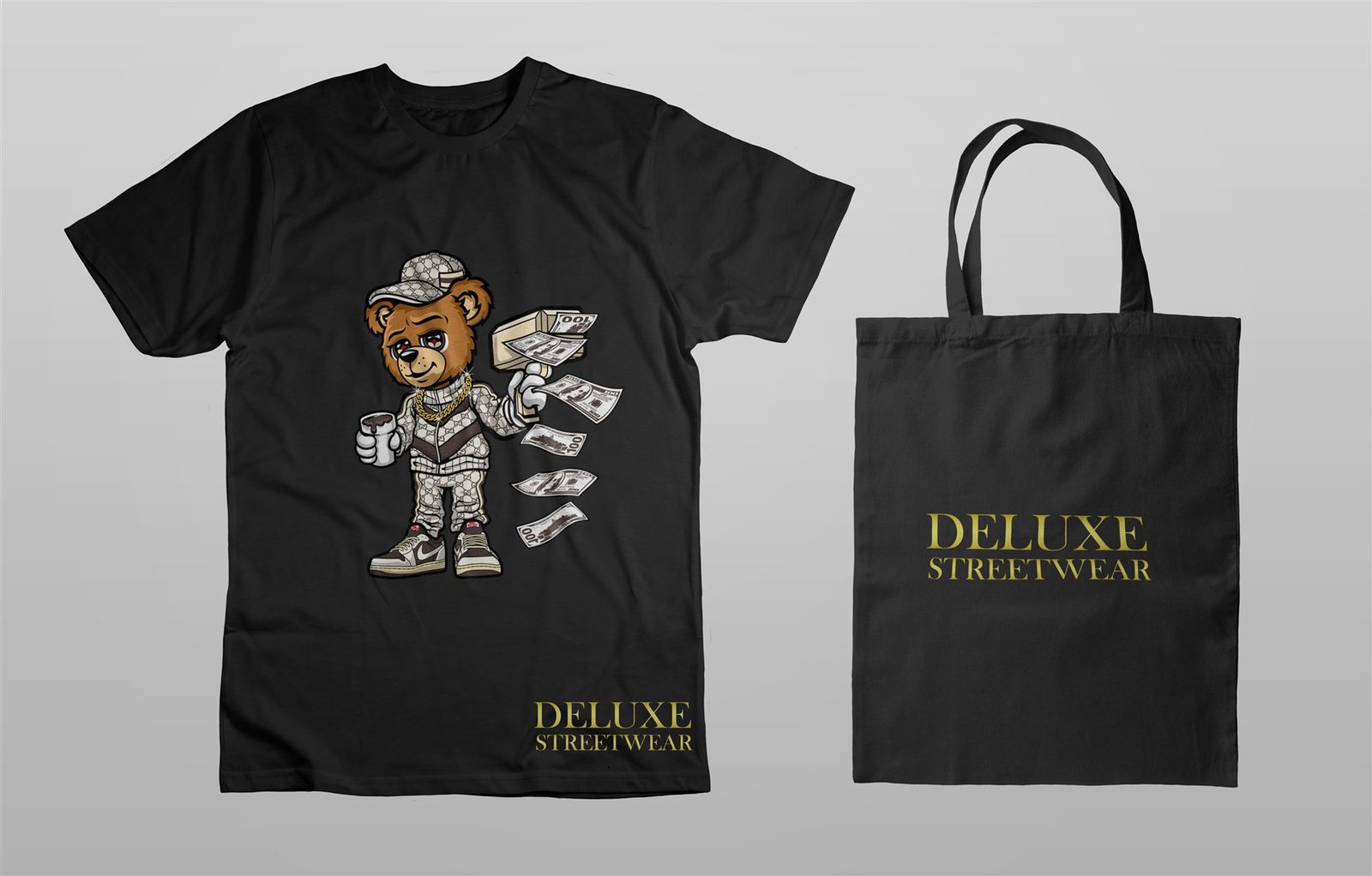 Colección de camiseta y tote bag con ilustración urbana de oso