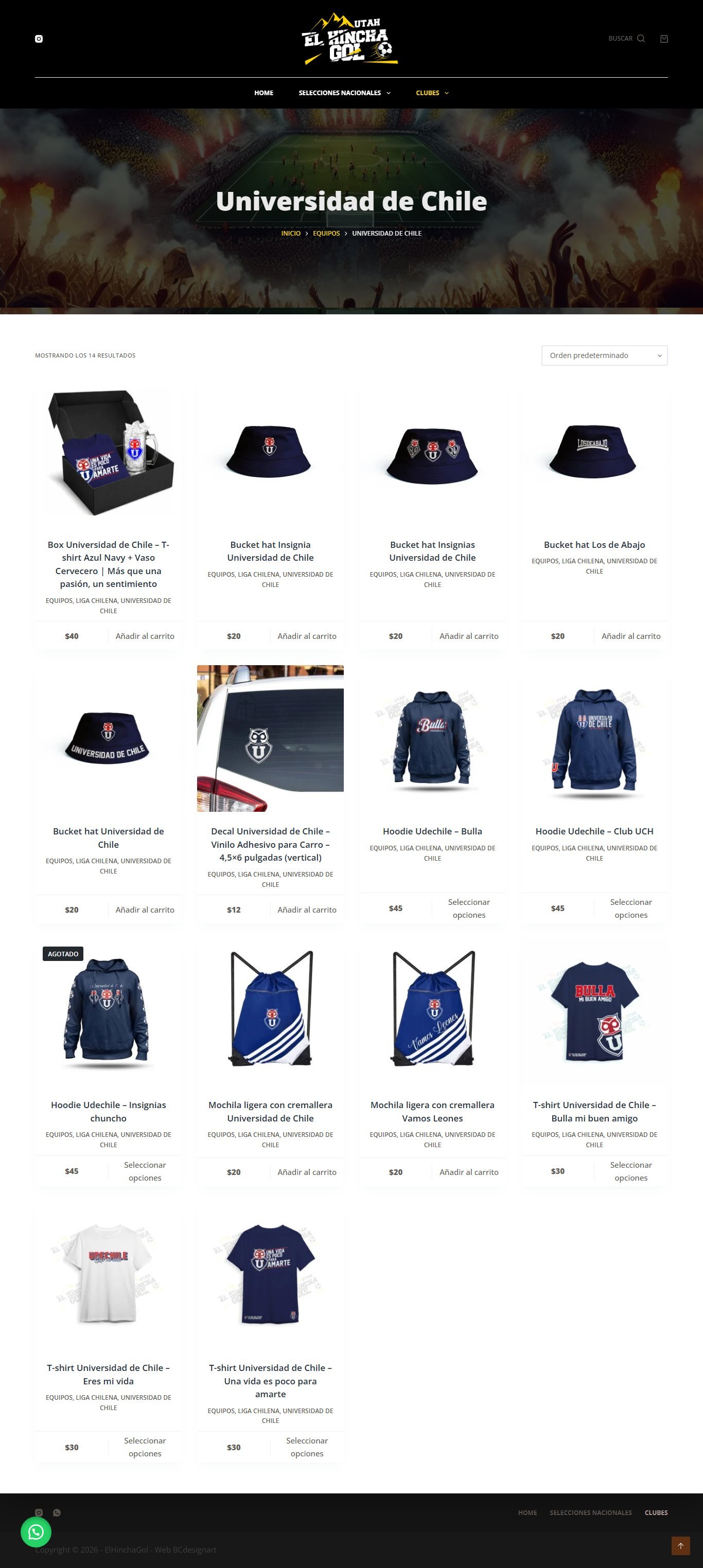 Categoría de productos de Universidad de Chile en el ecommerce El Hincha Gol