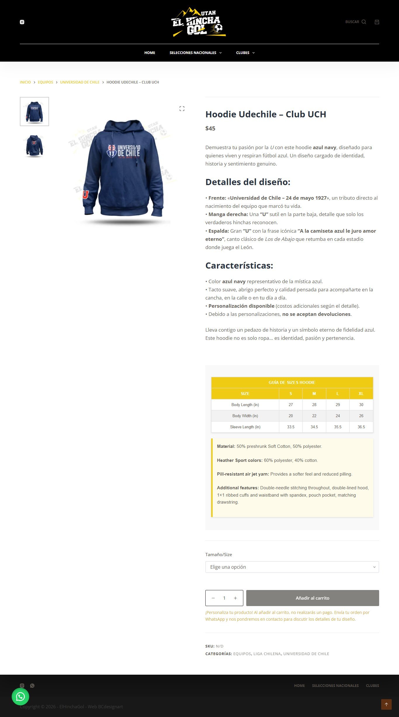 Ficha de hoodie de Universidad de Chile con descripción, guía de talla y carrito
