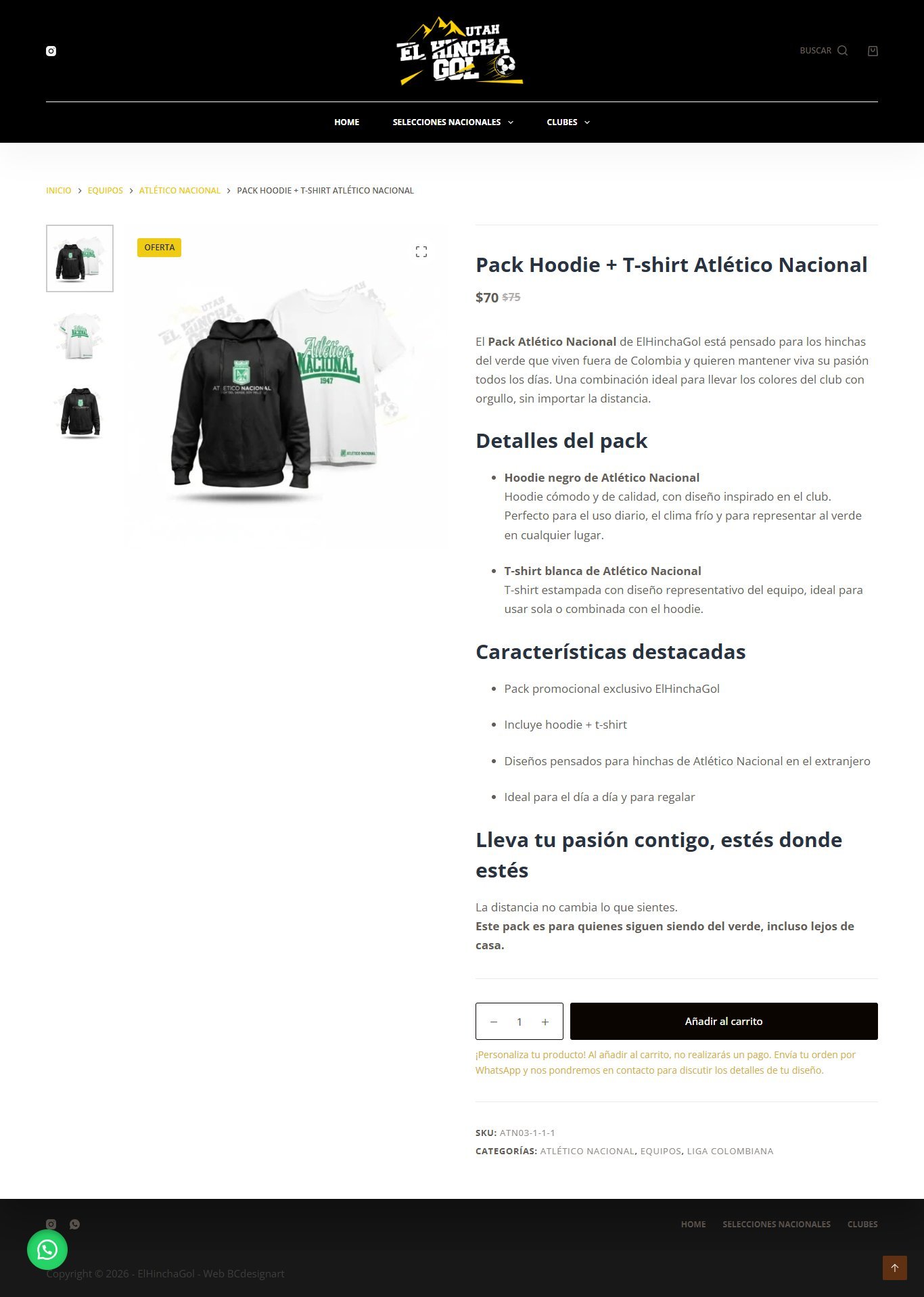Ficha de pack promocional de Atlético Nacional en WooCommerce