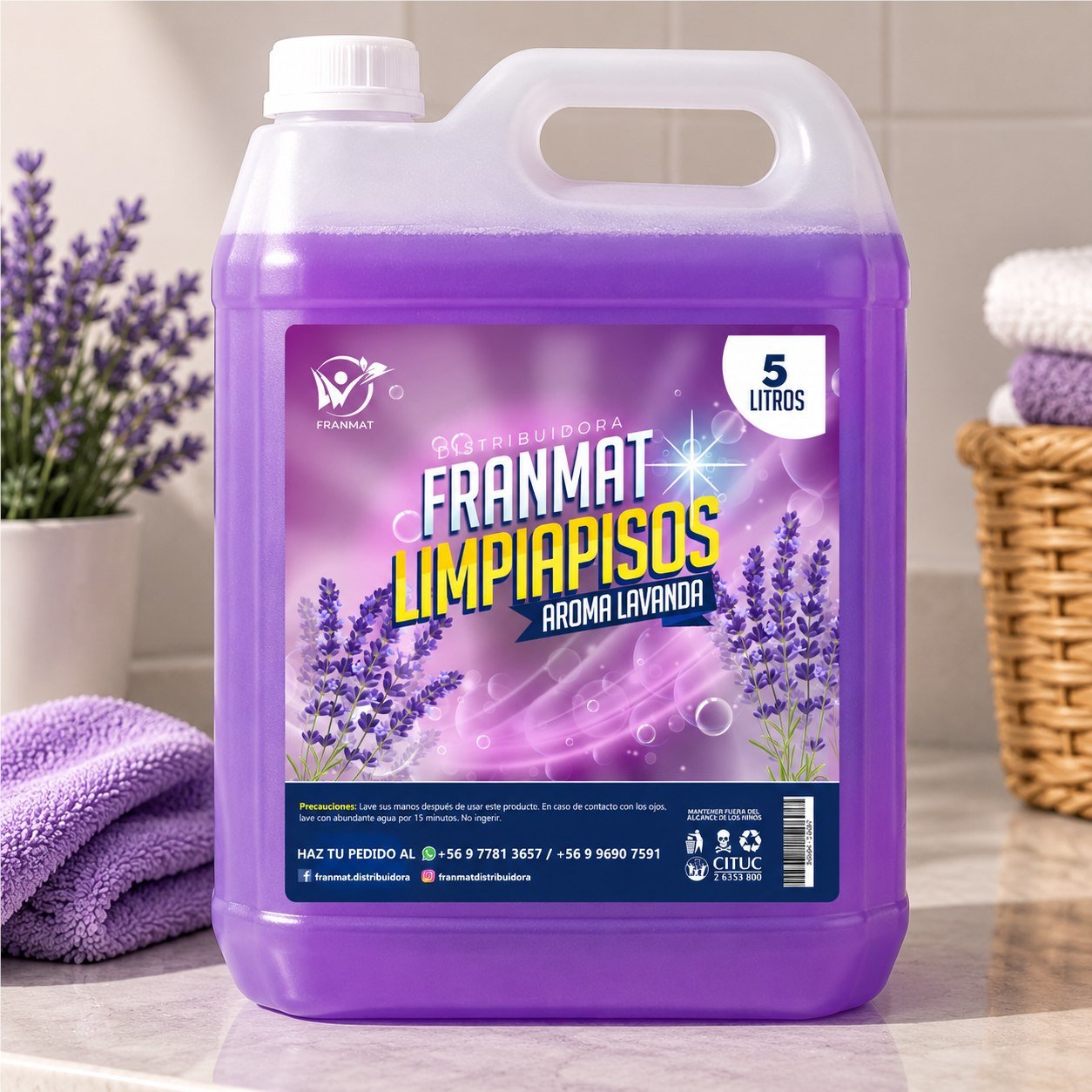 Etiqueta FranMat Limpiapisos aroma lavanda aplicada sobre envase de cinco litros