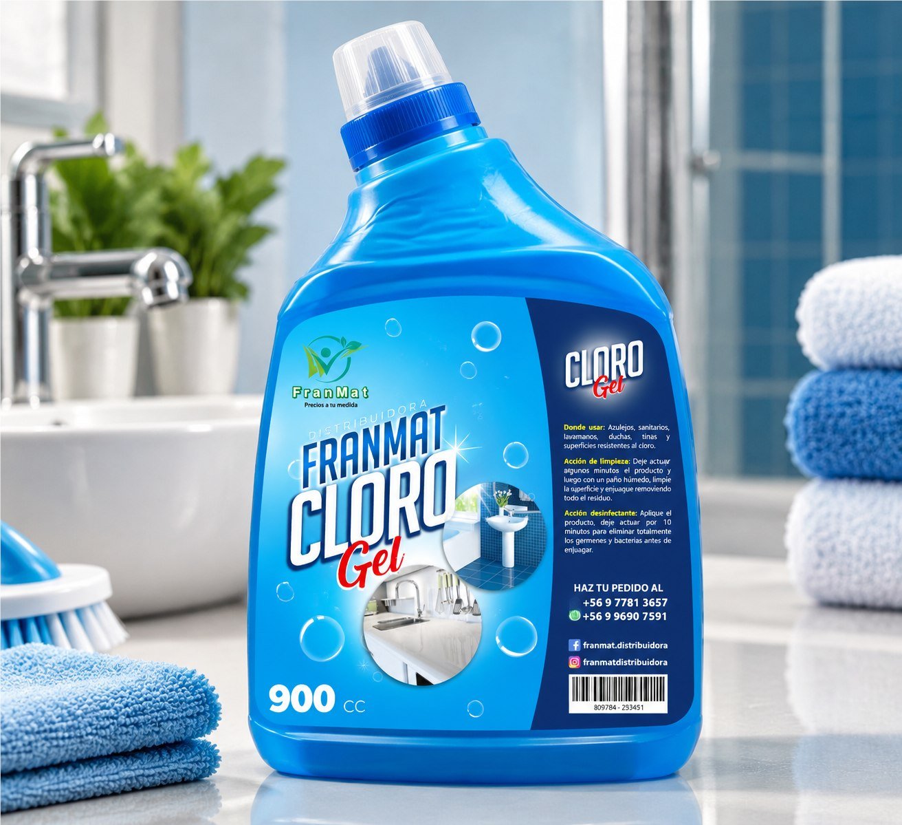Etiqueta envolvente FranMat Cloro Gel aplicada sobre envase de 900 cc