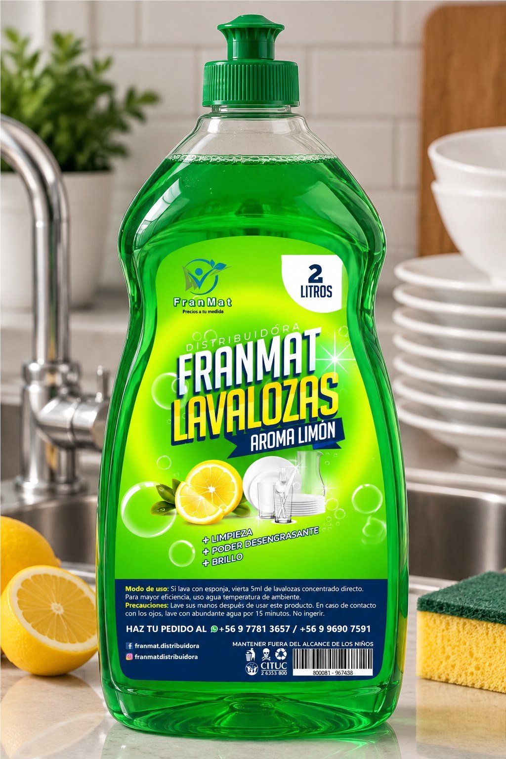 Etiqueta FranMat Lavalozas aroma limón aplicada sobre envase de dos litros