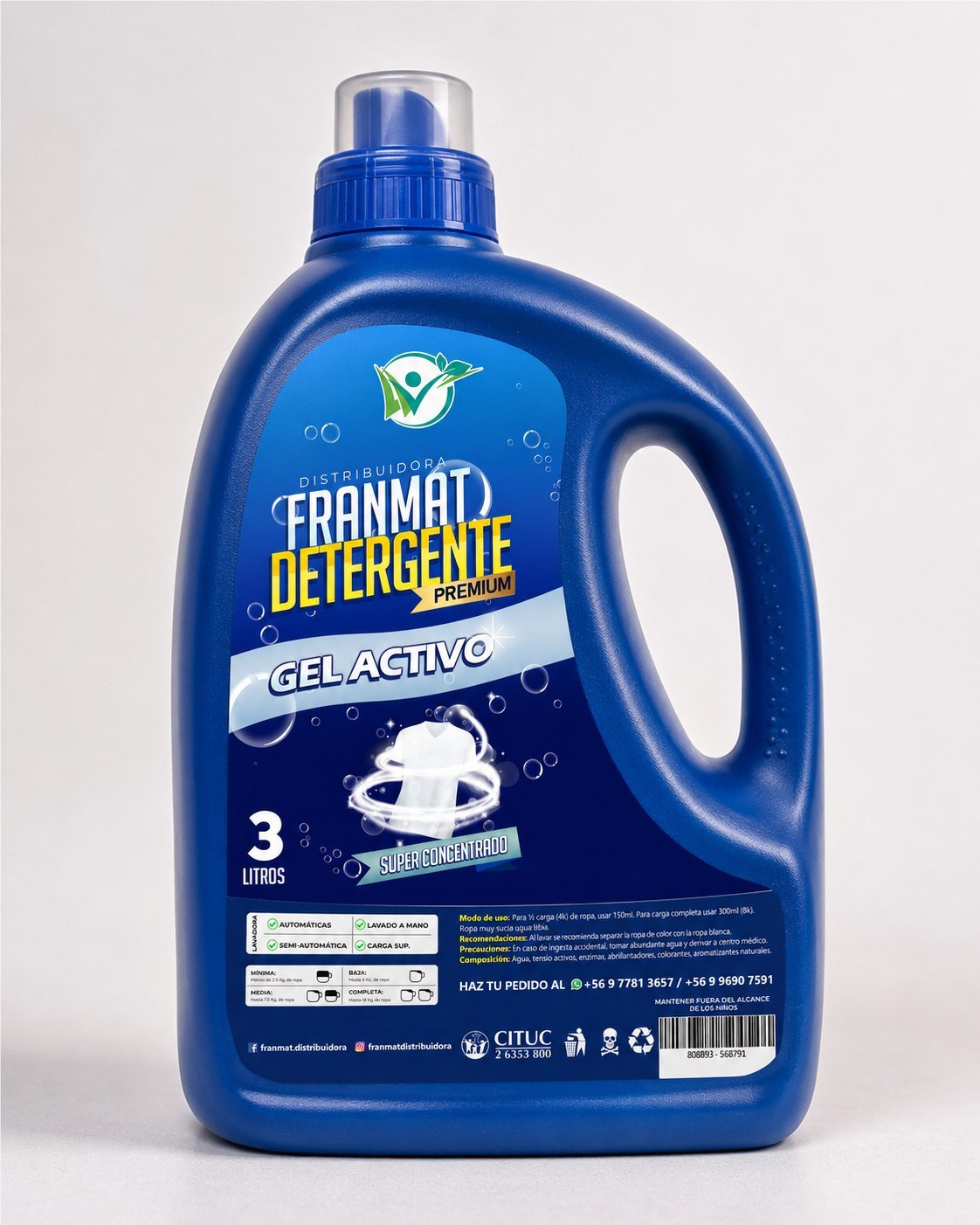 Etiqueta FranMat Detergente Premium aplicada sobre envase de tres litros
