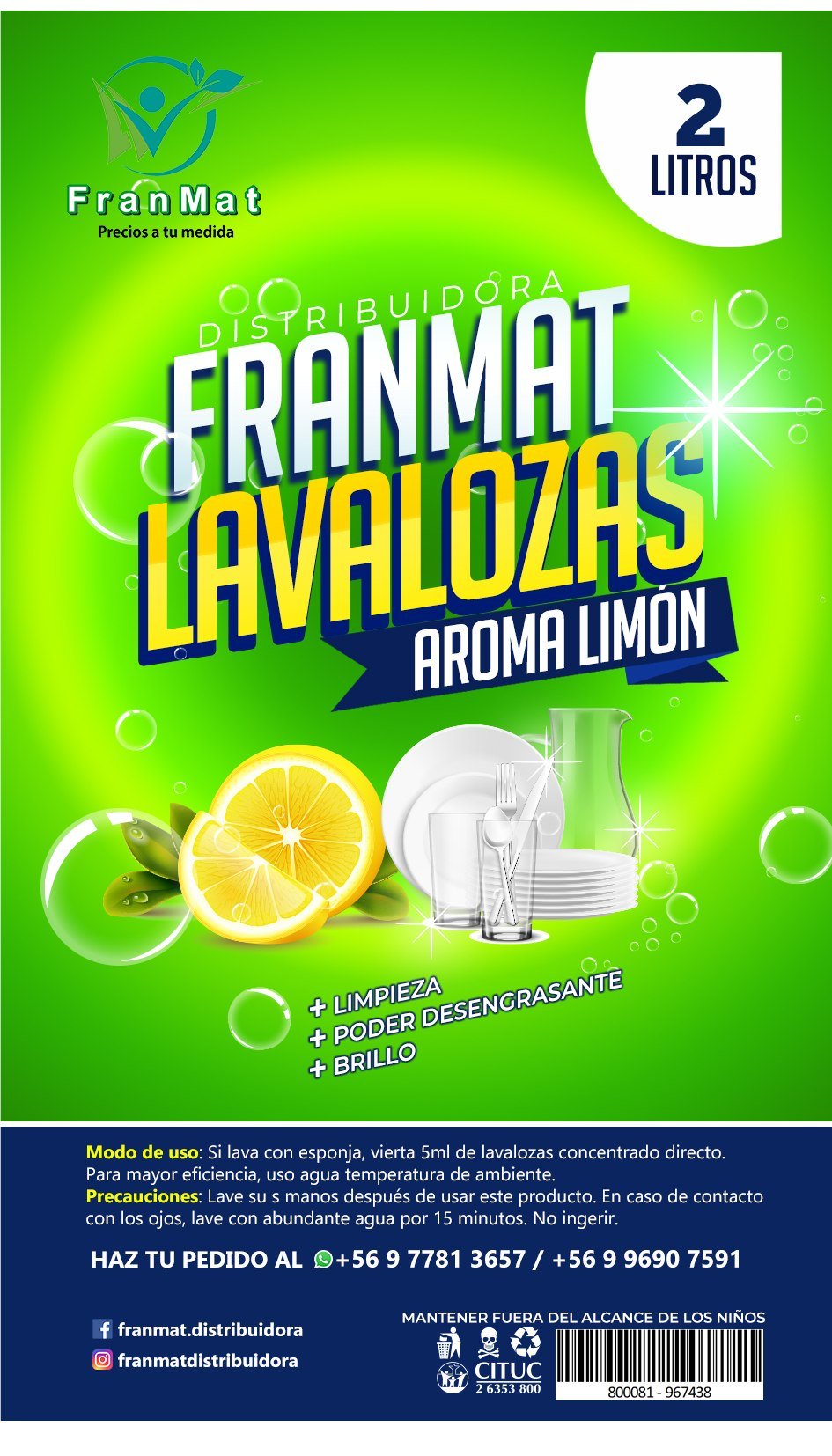 Arte final vertical de etiqueta para lavalozas FranMat aroma limón