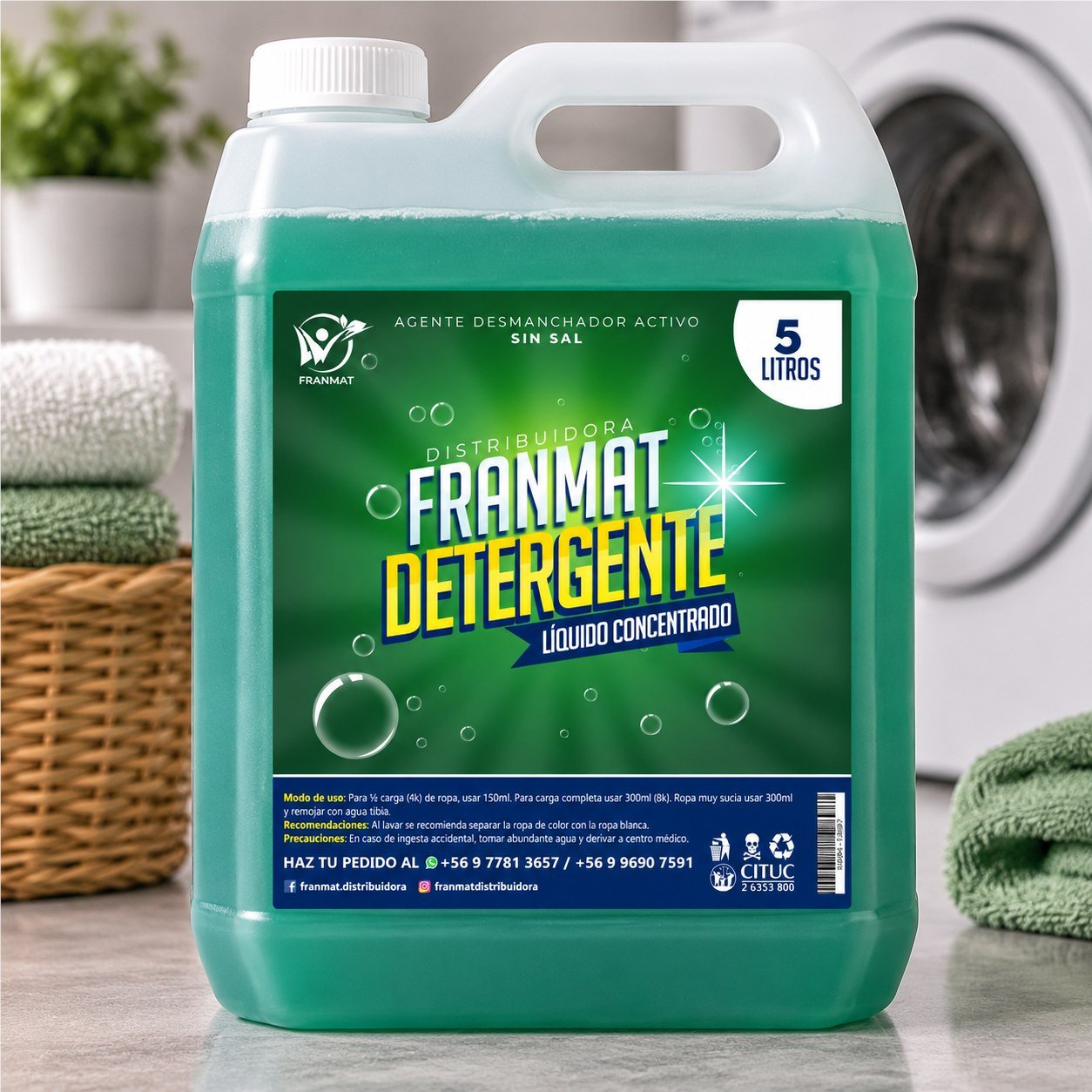 FranMat concentrated detergent label applied to a five-liter container
