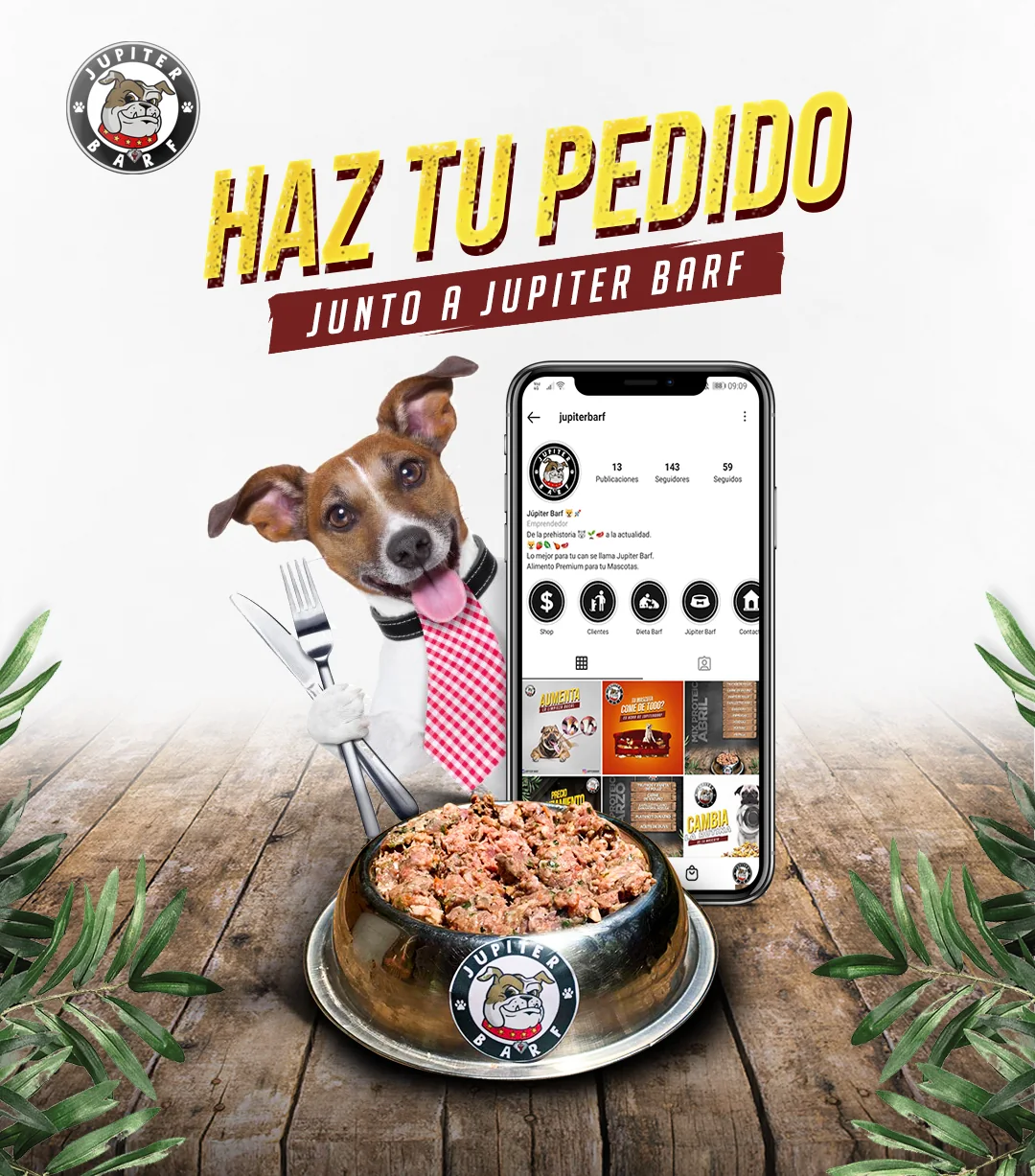 Publicación con llamado a pedido para redes sociales de Jupiter BARF