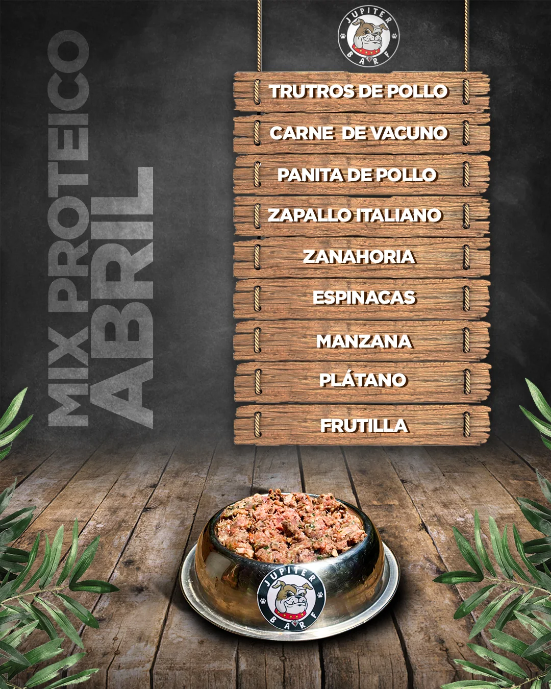 Publicación editorial con ingredientes del mix proteico Jupiter BARF