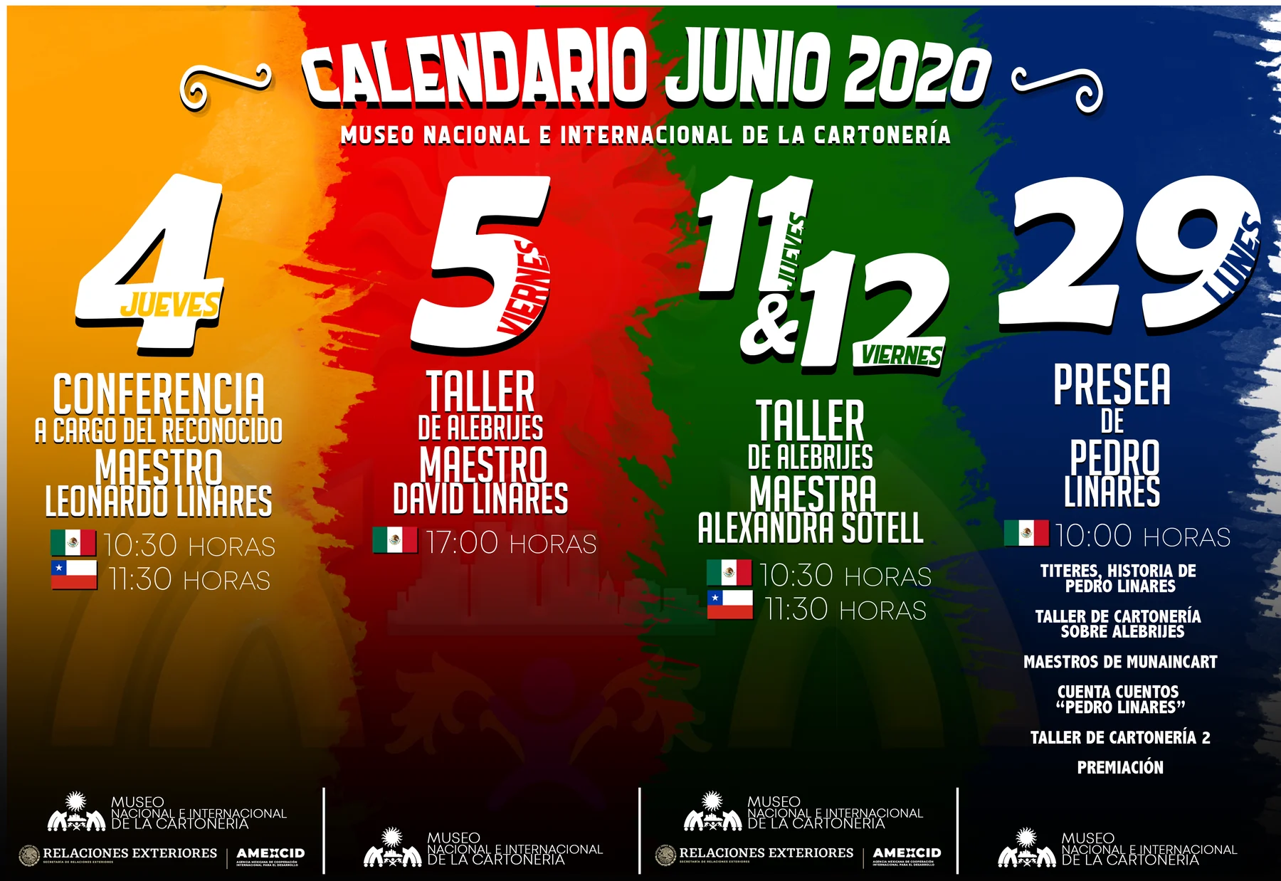 June 2020 cultural calendar designed for Mexico’s National and International Cartonería Museum