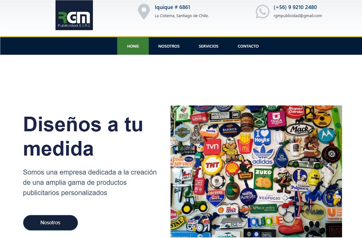 RGM Publicidad website home page featuring custom keychains