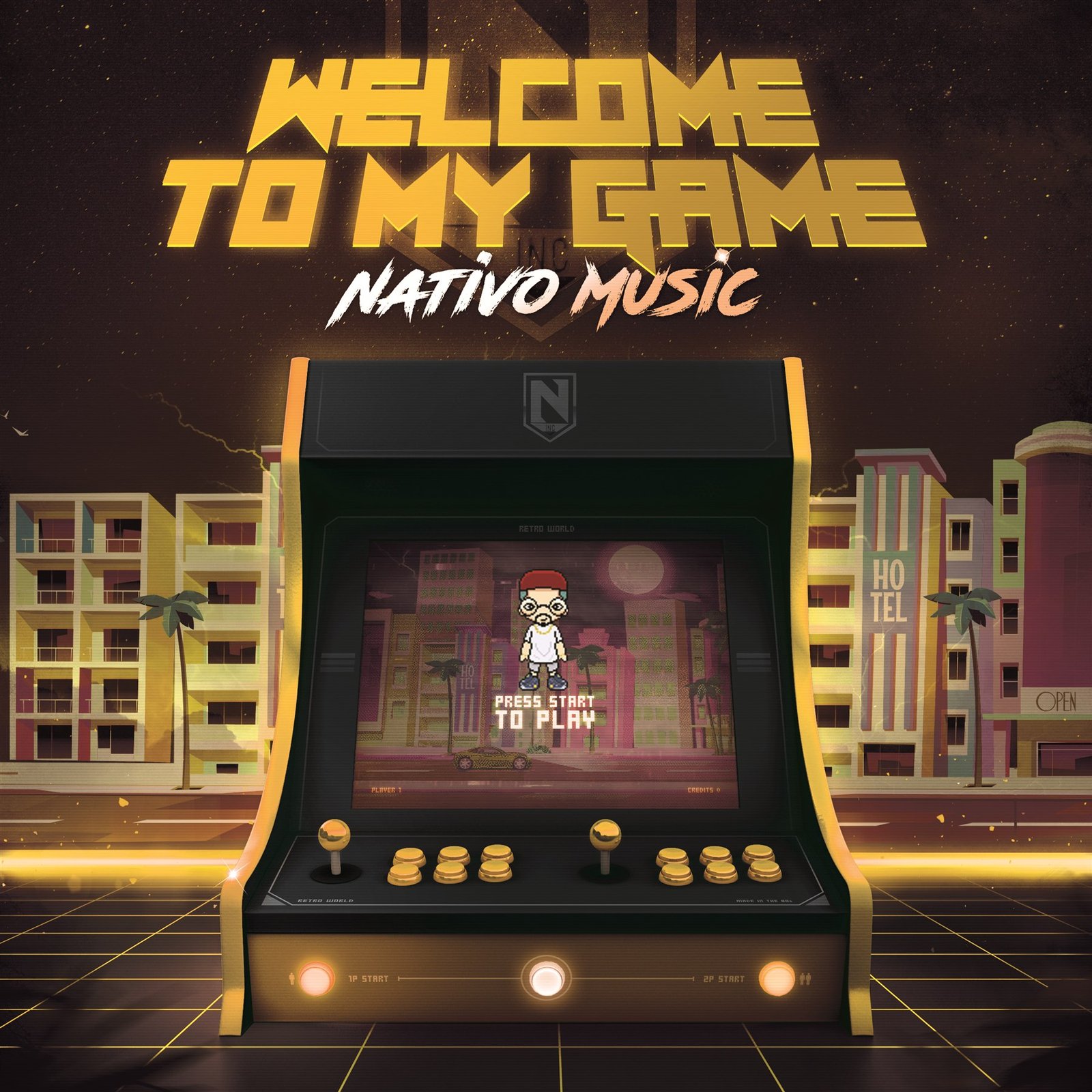 Welcome to My Game cover featuring an arcade cabinet and a retro urban setting